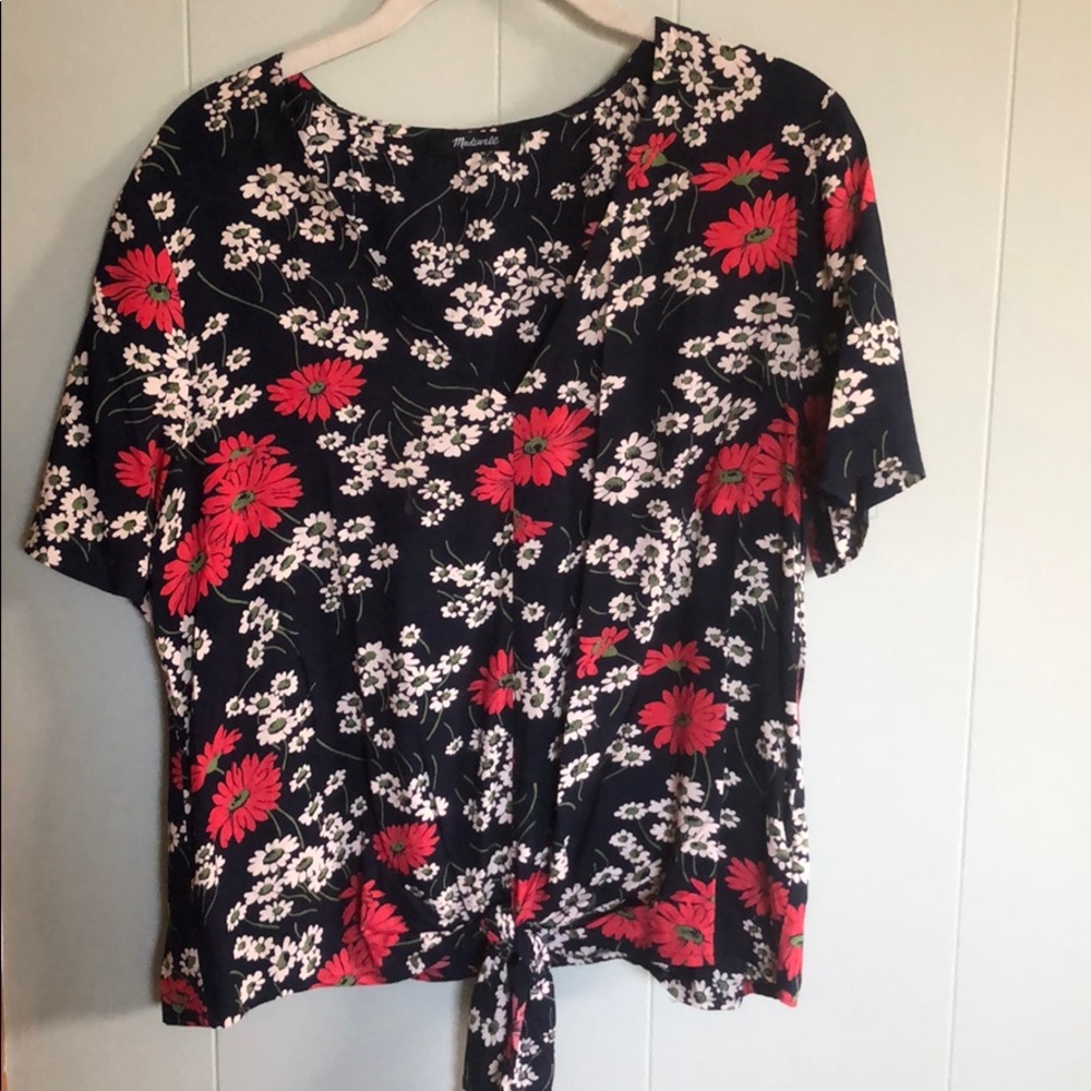 Madewell Black Floral Tie-Front Blouse with Red and White Flowers